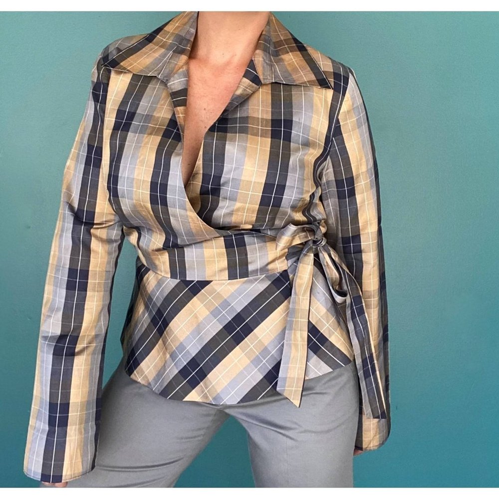 iCE Wrap Blouse Plaid Silk Blouse Womens Size 6Vintage Wrap Top Silk Brown